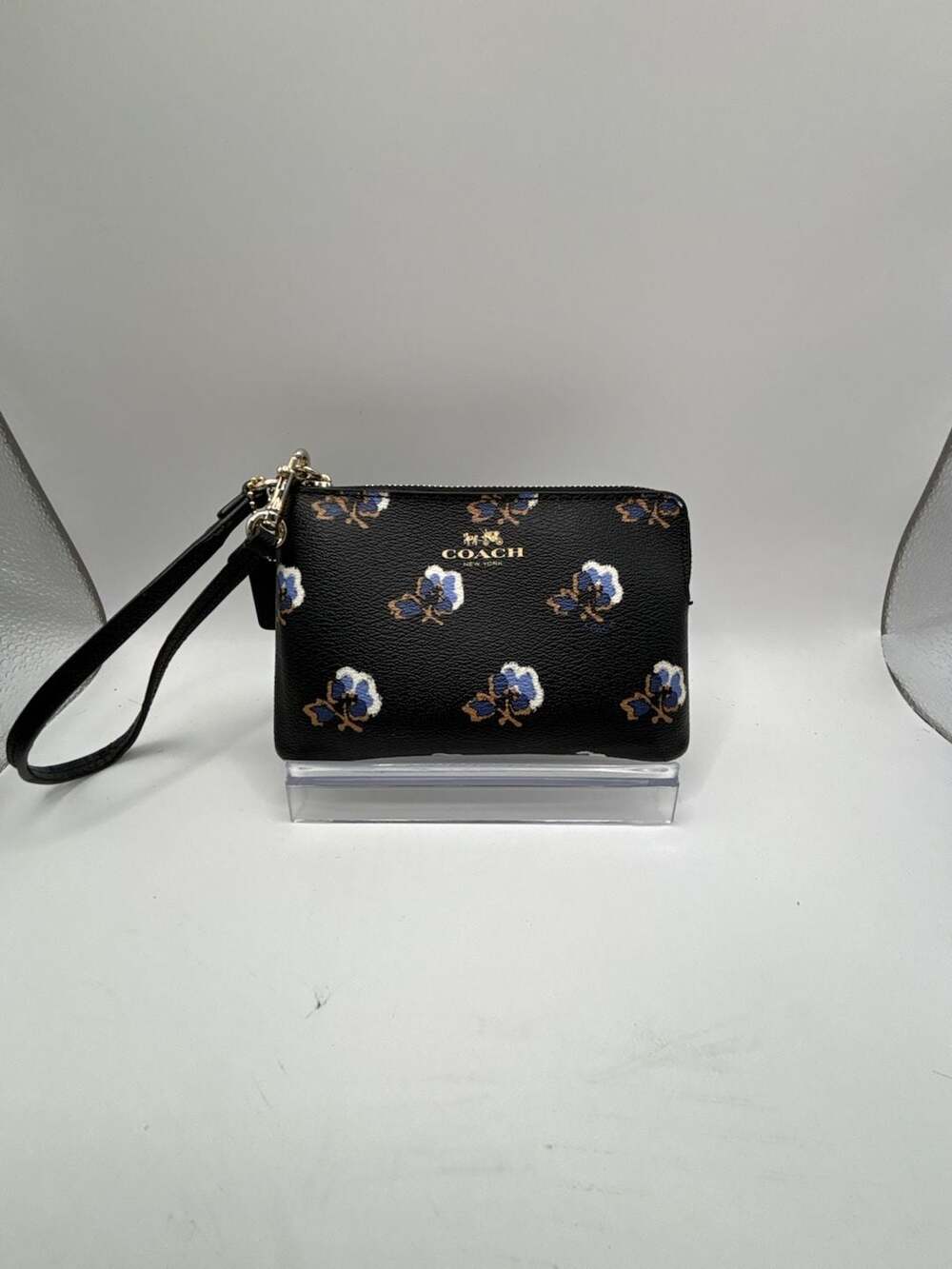 Coach Black Blue Floral Bramble Rose Print Leather Wristlet Pouch
